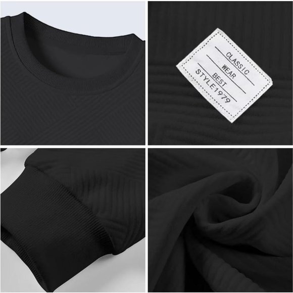 Men Men's Crewneck‎ Sweat Soild Color Geometric Texture Long Sleeve Casual Shirt - Picture 4 of 5